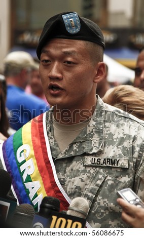 NEW YORK - JUNE 27: Grand Marshal Lieutenant Dan Choi attends press conference at the 2010 New York City Gay Pride March on the streets of Manhattan on June 27, 2010 in New York City.