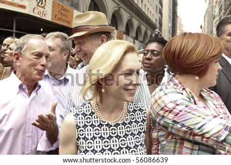 NEW YORK - JUNE 27: city council Cristine Quinn, US Senator Kirsten Gillibrand, Mayor Michael Bloomberg attend the 2010 New York City Gay Pride March on the streets of Manhattan on Jun 27, 2010 in NYC