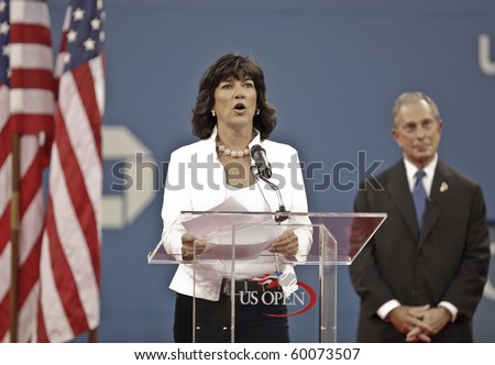 NEW YORK - AUGUST 30: Christian Amanpour and mayor Michael Bloomberg at the opening ceremony of US Open tennis tournament on August 30, 2010, New York.