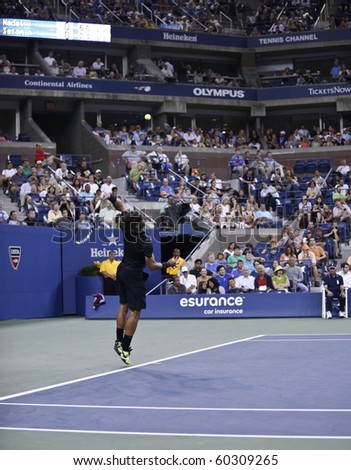 NEW YORK - SEPTEMBER 03: Rafael Nadal of Spain serves during second round match against Denis Istomin of Uzbekistan at US Open tennis tournament on September 03, 2010, New York.