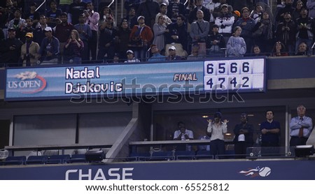 NEW YORK - SEPTEMBER 13: Final score of the match of US Open Tennis Championship between Rafael Nadal and  Novak Djokovic of Serbia on September 13, 2010 in New York, City.