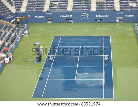 NEW YORK - SEPTEMBER 12: Court view during the rain at US Open Tennis Championship on September 12, 2010 in New York, City.