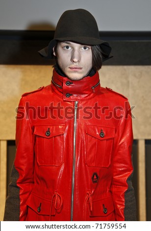 NEW YORK - FEBRUARY 15: Model from General Idea poses at the Concept Korea Fall 2011 presentation for Choi Bum Suk at Mercedes-Benz Fashion Week in David Rubenstein Atrium on February 15, 2011 in NYC