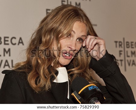NEW YORK - APRIL 23: Julia Roberts gives interview to Access Hollywood at premiere of \'Jesus Henry Christ\' at the 2011 Tribeca Film Festival on April 23, 2011 in New York City