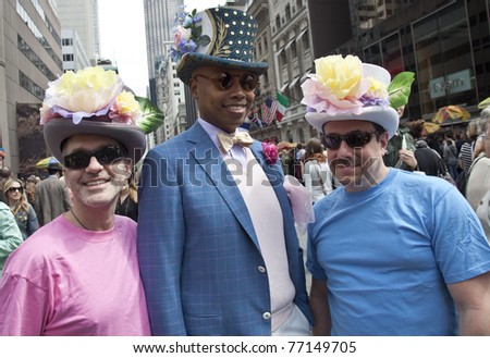 NEW YORK - APRIL 24: Unidentified men partake and show off their hats and costumes at the Easter Bonnet Parade on 5th Avenue on April 24, 2011 in New York City.