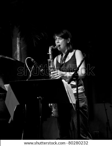 NEW YORK - JUNE 23: Ingrid Laubrock saxophone of Paradoxical Frog performs at Sullivan Hall bar as part of annual Undead Jazz Festival on June 23, 2011 in New York City.