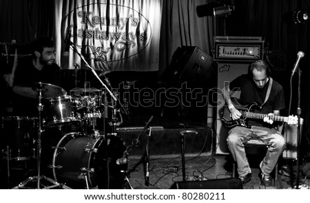NEW YORK - JUNE 23: Alan Licht guitar and Brian Chase drums perform at Kenny\'s Castaways bar as part of annual Undead Jazz Festival on June 23, 2011 in New York City.