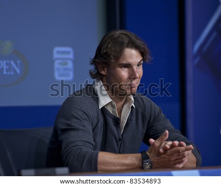 NEW YORK - AUGUST 27: Rafael Nadal of Spain talks to the media during previews at USTA Billie Jean King National Tennis Center on August 27, 2011 in New York City, NY.