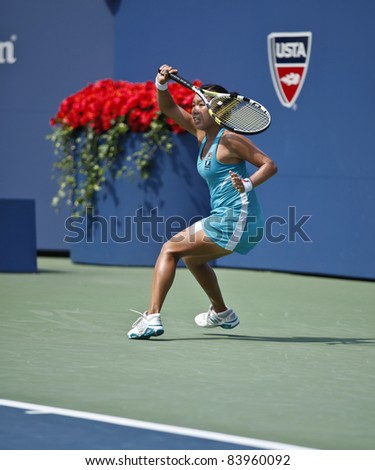 NEW YORK - SEPTEMBER 03: Vania King of USA returns ball during 3rd round match against Caroline Woznizcki of Denmark at USTA Billie Jean King National Tennis Center on September 03, 2011 in New York City