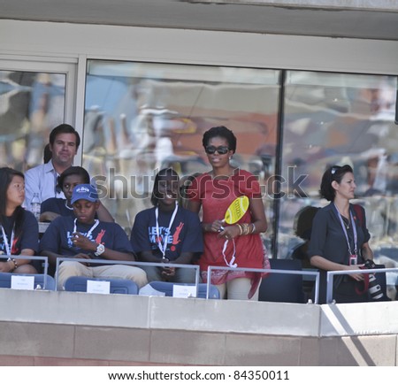 NEW YORK - SEPTEMBER 09: First Lady Michelle Obama & children attend the 2011 US Open at USTA Billie Jean King National Tennis Center on September 9, 2011 in New York City.