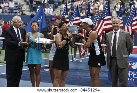 NEW YORK - SEPTEMBER 11: Lisa Raymond, Liezel Huber of USA winners of women doubles & runner-ups Vania King of USA, Yaroslava Shvedova of Kazakhstan at US Open on September 11, 2011 in NYC