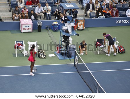 NEW YORK - SEPTEMBER 11: Serena Williams of USA argues with chair umpire Eva Asderaki during final match against Samantha Stosur of Australia at US Open on September 11, 2011 in NYC