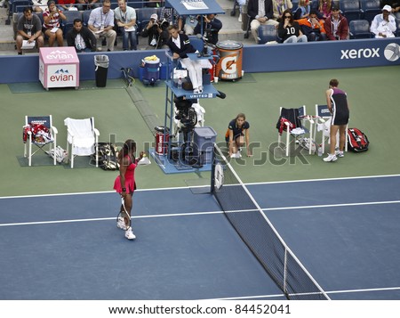 NEW YORK - SEPTEMBER 11: Serena Williams of USA argues with chair umpire Eva Asderaki during final match against Samantha Stosur of Australia at US Open on September 11, 2011 in NYC