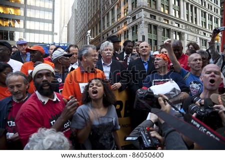 NEW YORK - OCTOBER 05: President of TWU Local 100 John Samuelsen speaks at the rally with \'Occupy Wall Street\' in Downtown Manhattan on October 05, 2011 in New York.