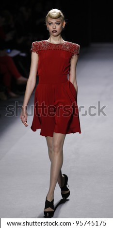 NEW YORK - FEBRUARY 13: Model walks runway for Jenny Packham collection during Fashion week at Lincoln Center in Manhattan on Feb 13, 2012 in New York City