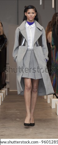 NEW YORK - FEBRUARY 12: Model shows off dress by Daniella Kallmeyer collection during Fashion week at The Highline Loft in Manhattan on February 12, 2012 in New York City
