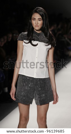 NEW YORK - FEBRUARY 11: Model walks runway for Vantan Tokyo collection by Masata Miyata during Fashion week at Lincoln Center in Manhattan on February 11, 2012 in New York City