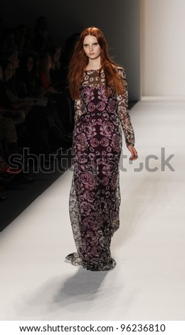 NEW YORK - FEBRUARY 09: Model walks runway for Honor collection by Giovanna Randall during Fashion week at Lincoln Center in Manhattan on February 09, 2012 in New York City
