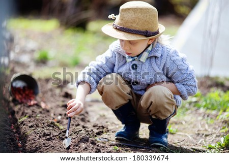 Boy planting onion seeds in vegetable beds