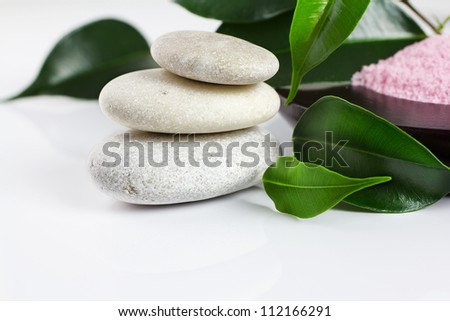 White zen stones, green leaves,  candle,  sea salt, white background.