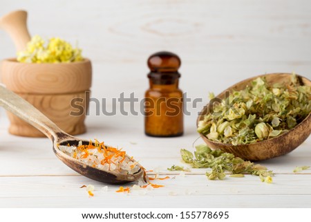 Dried medicinal plants,  herbal tea blend, homeopathic medicine.