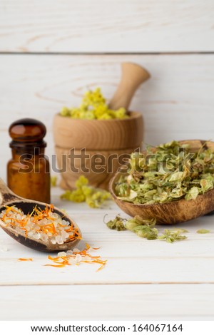 Dried medicinal plants,  herbal tea blend, homeopathic medicine.
