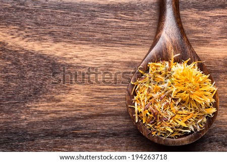 Homeopathic medicines assortment of wooden spoon on wooden background.