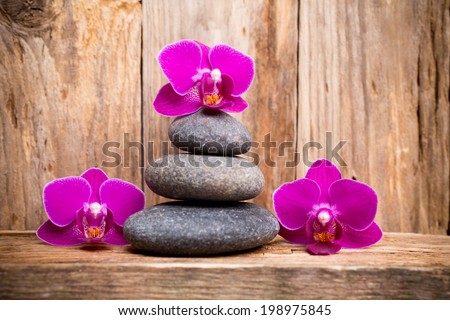 Orchids flowers on wooden background spa massage stones.