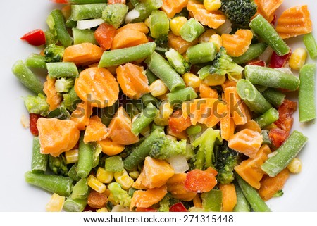 Frozen vegetables  in a white plate.