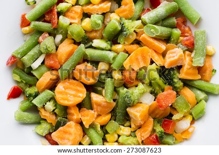 Frozen vegetables  in a white plate.