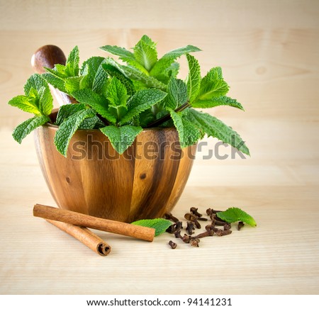 Mortar and pestle with mint and spices.
