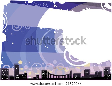 City landscape at Night, with Blue Sky and White Copy space; Postcard vector illustration