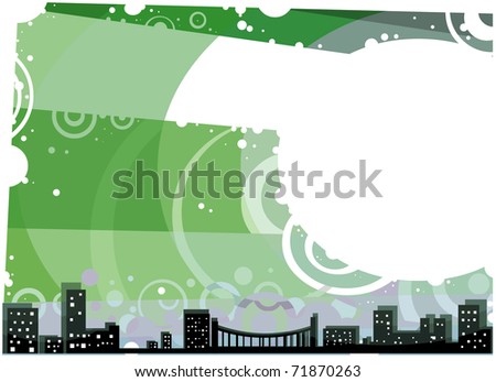 city landscape outline with Green Sky and White copy Space; postcard
