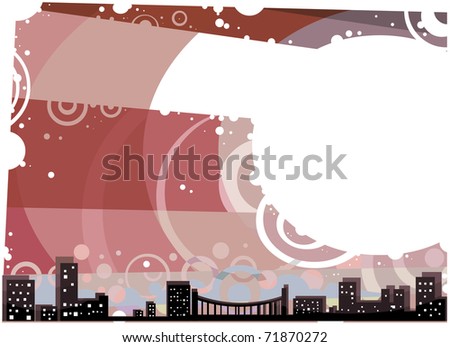 Red City Landscape at sunset with white Copy Space Postcard illustration.