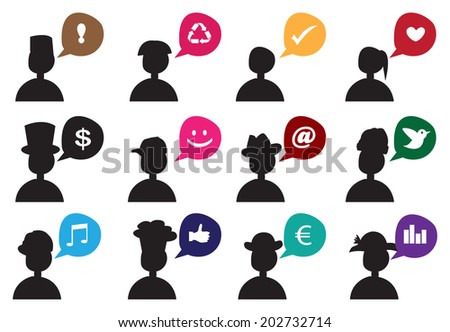 Vector illustration of silhouette of people of different race and professions with speech balloons,
