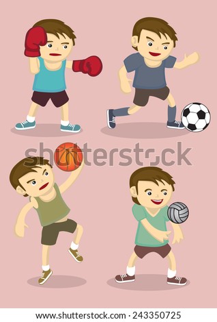 vector illustration of sporty boy playing boxing, soccer, basketball and volley ball isolated on pink plain background