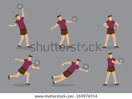 Set of six vector character of volley ball players playing volleyball isolated on grey background.