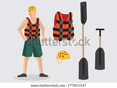 Cartoon character wearing life jacket and water shoes with outdoor water sports equipment such as helmet, oar and paddle. Vector illustration isolated on plain background.