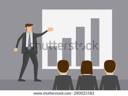 Businessman standing in front of bar chart do presentation to other business people. Cartoon vector illustration isolated on grey background.