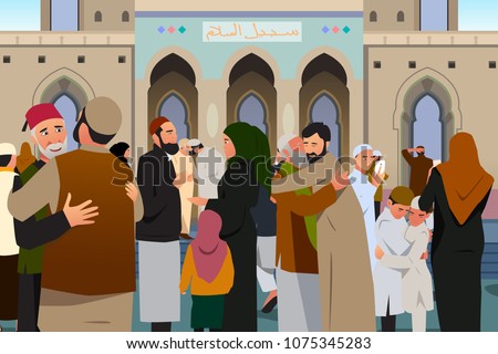 A vector illustration of Muslims Embracing Each Other After Prayer in Mosque