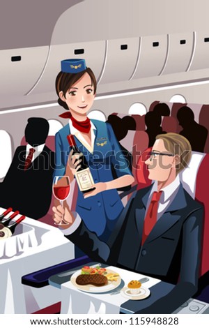 A vector illustration of a flight attendant serving a passenger in an airplane A vector illustration of a flight attendant serving a passenger in an airplane