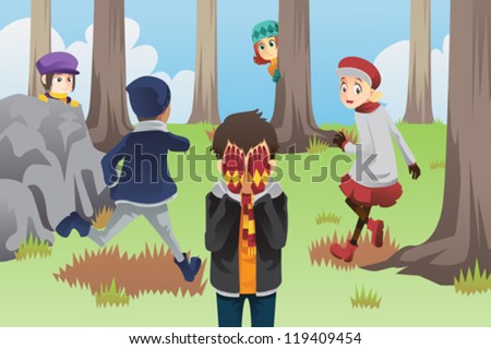 A vector illustration of kids playing hide and seek in the park - stock vector