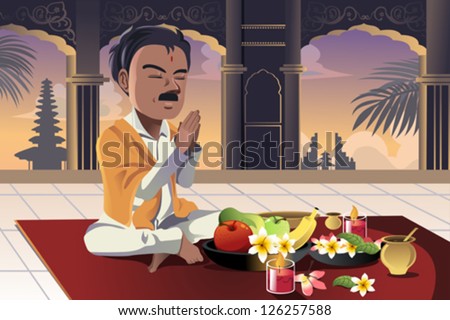 A vector illustration of Hindu man praying in a temple A vector illustration of Hindu man praying in a temple