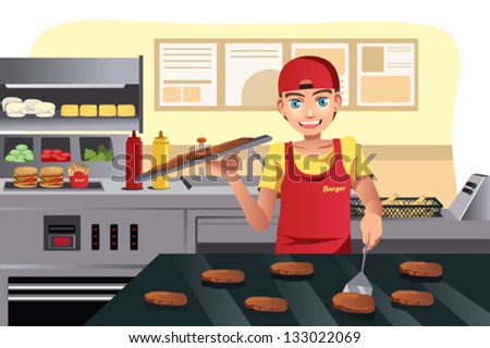 A Vector Illustration Of A Cook Flipping Burgers At A Fast ...