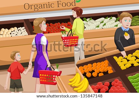 A vector illustration of people shopping at an organic food aisle in a grocery store