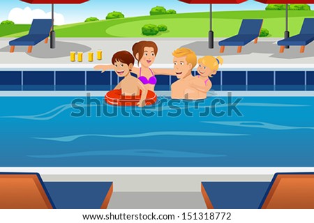 A vector illustration of a happy family having fun in a swimming pool together