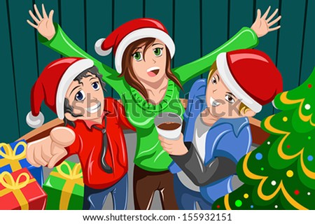A vector illustration of happy young people having a Christmas party together