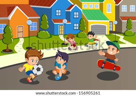 A Vector Illustration Of Happy Kids Playing In The Street Of A Suburban Neighborhood