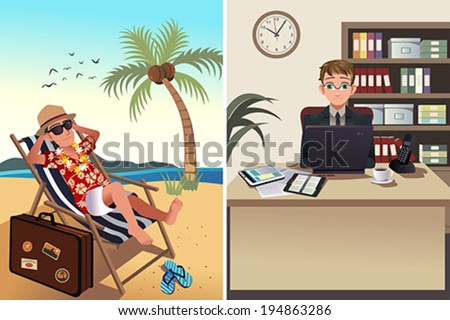 A vector illustration of one person going to work while the other one going on a vacation concept