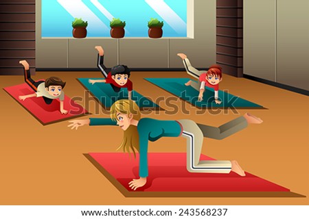A vector illustration of happy kids in a yoga class A vector illustration of happy kids in a yoga class